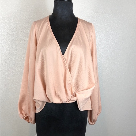 Blue Blush Tops - Blue Blush Blouse Light Pink Silky Faux Wrap Long Sleeve Top Size Small